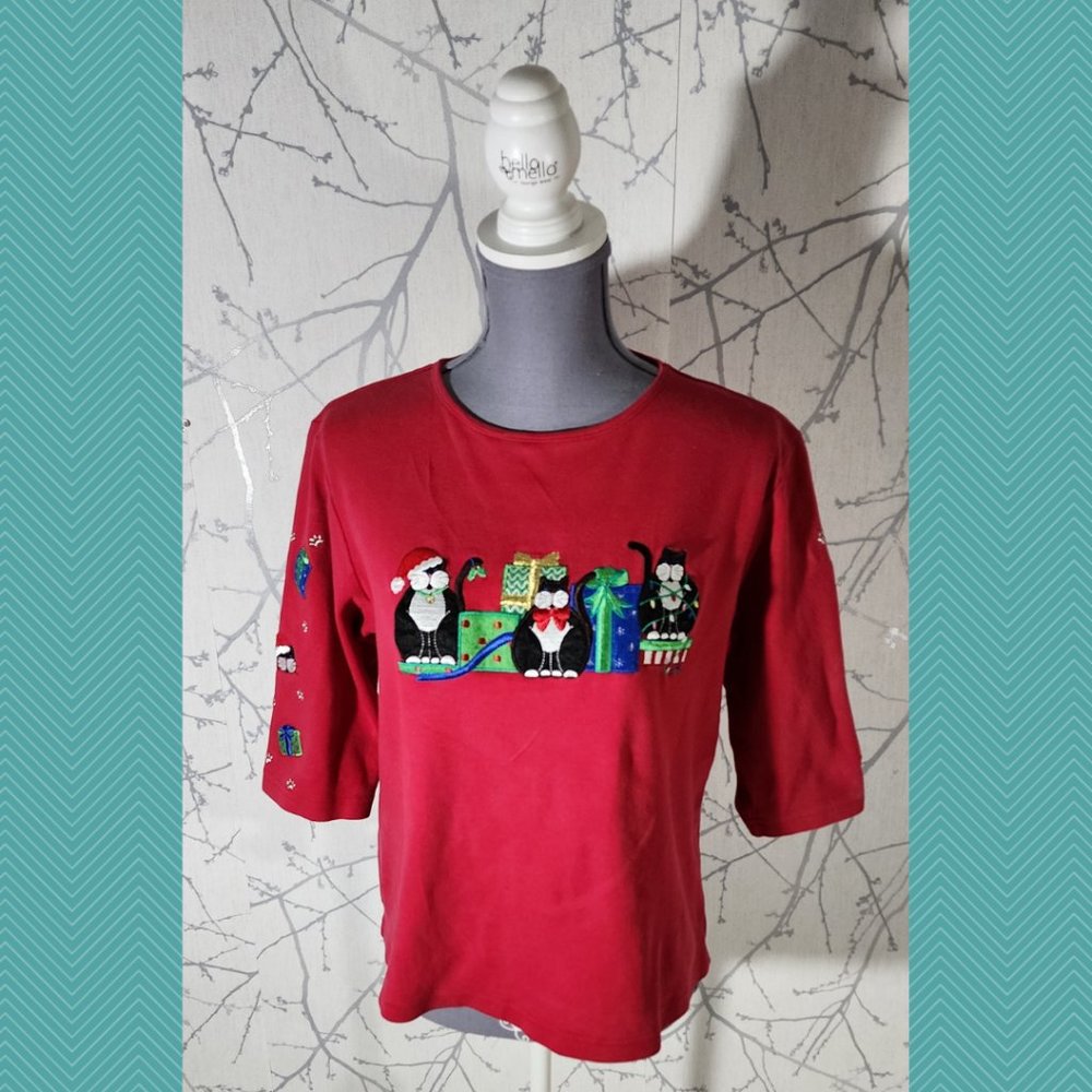 Allyson Whitmore Red Christmas Cats Embroidered Tee